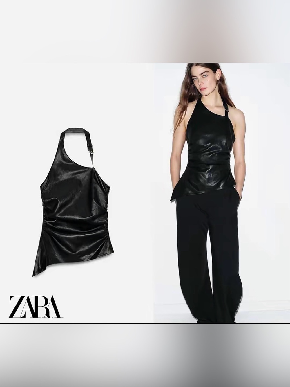 Zara Black Faux-Leather Asymmetric Halter Top